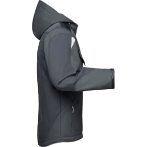 A softshell jacket in dark grey with a hood and a logo, featuring a side view.