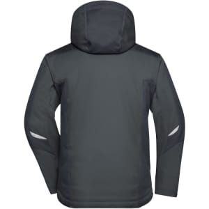 A dark grey softshell jacket with a hood and reflective detailing, featuring a logo on the back.