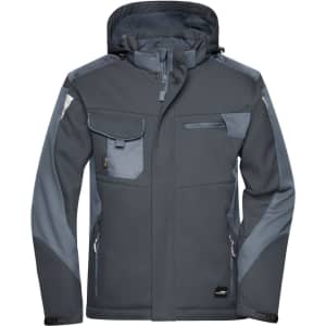 A grey and navy softshell jacket with multiple pockets and a hood, featuring a logo.