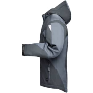 A softshell jacket in grey with a hood, featuring a zippered pocket and a logo on the lower section.