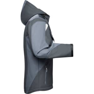 A softshell jacket in grey tones with a hood and zippers, featuring a logo on the sleeve.