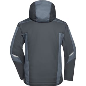 A softshell jacket in dark grey with contrasting lighter grey accents, featuring a hood and a logo.