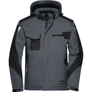 A grey softshell jacket with black accents and multiple pockets, featuring a hood and logo.