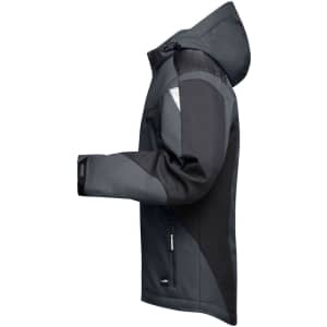 A softshell jacket in grey and black with a hood, featuring a logo and a modern design.
