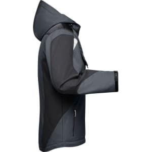 A softshell jacket in grey and black with a hood and a logo, displayed from the side.