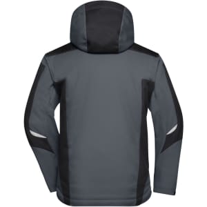 A grey and black softshell jacket with a hood, featuring contrasting panels and a logo.
