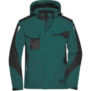 A teal and black softshell jacket featuring multiple pockets and a hood, with a logo present.