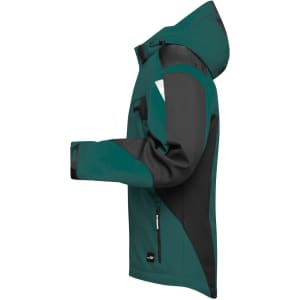 A softshell jacket in teal and black, featuring a hood and side zip pockets, with a logo on the chest.