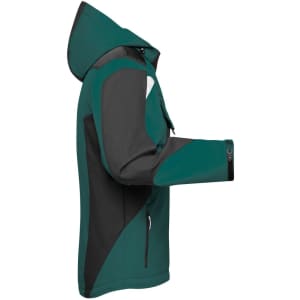 A softshell jacket in teal and black, featuring a hood and zippered pockets, with a logo on the front.