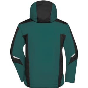A teal and black softshell jacket featuring a hood and reflective detailing on the shoulders and sides.