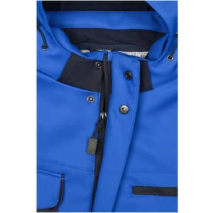 A blue softshell jacket featuring a zippered front, pockets, and adjustable toggles on the hood.