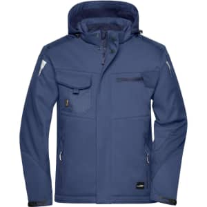 A navy blue Craftsmen softshell jacket featuring multiple pockets and a hood, with a logo on the design.