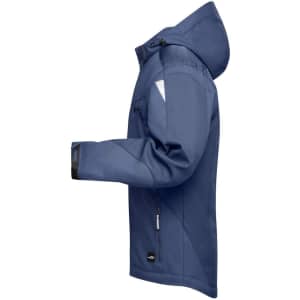 A softshell jacket in navy blue, featuring a hood and a logo on the sleeve.