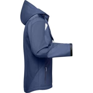 A navy softshell jacket with a hood and zippered pockets, featuring a logo on the sleeve.