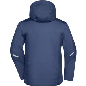 A navy softshell jacket featuring a hood and reflective detailing, with a logo on the back.