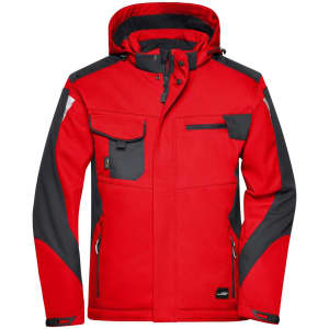 A red and grey softshell jacket with a hood, featuring multiple pockets and a logo.