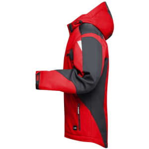 A red and grey softshell jacket with a hood, featuring a side view and a small logo.