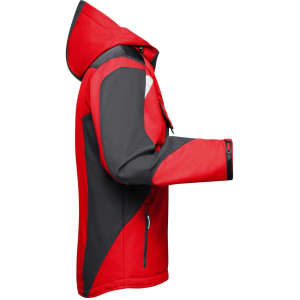 A red and black Craftsmen Softshell Jacket showing the side view with a hood and zipped pockets.
