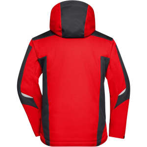 A red and black softshell jacket with a hood, featuring contrasting panels and a logo.