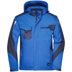 A blue and navy softshell jacket featuring a hood, zippers, and multiple pockets. It includes a logo on the front.