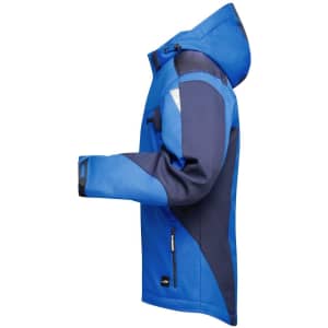 A blue and navy softshell jacket with a hood and multiple zippers. The jacket features a logo on the front.