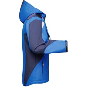 A blue and navy softshell jacket featuring a hood and zippered pockets, with a branded logo.
