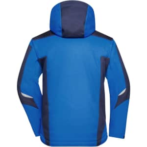 A blue softshell jacket with a hood, featuring contrasting navy panels and a logo. Back view displayed.