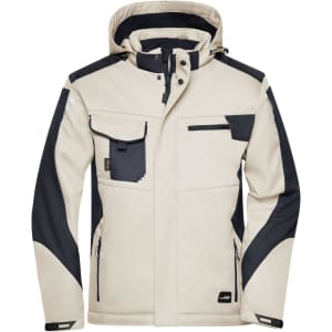 A softshell jacket in cream and navy, featuring a hood and multiple front pockets, along with a branding logo.