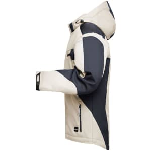 A soft shell jacket in cream and navy with a hood and multiple zippered pockets. Features a logo on the fabric.