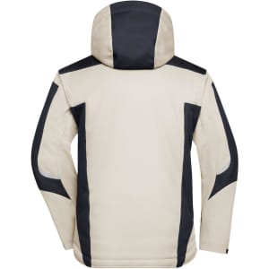 A softshell jacket in cream and navy, featuring a hood and contrasting panel design on the back.