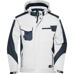 A softshell jacket in white and navy blue, featuring a hood and multiple pockets. Includes a logo.