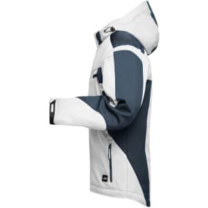 A softshell jacket in white with navy accents, featuring a hood and multiple zippered pockets.