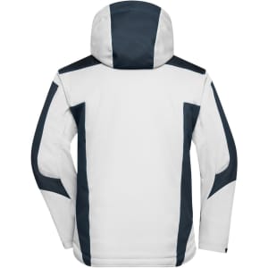 A white softshell jacket with navy accents and a hood, featuring a branding logo on the back.