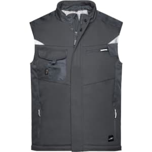 A grey softshell vest featuring multiple pockets and a logo.