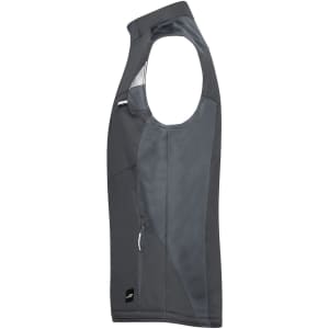 A grey softshell vest with a zip pocket and a logo, featuring a sleeveless design.