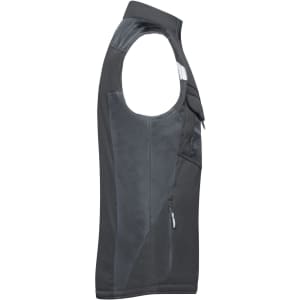 A grey softshell vest featuring a sleeveless design and front pockets, with a logo on the chest.