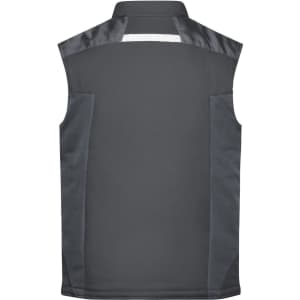 A grey softshell vest with a collar and reflective strip, featuring side pockets and a logo.