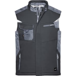 A dark grey softshell vest featuring grey accents, multiple pockets, and a logo on the side.