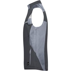 A grey and dark grey softshell vest with a side zip pocket and a logo on the lower hem.