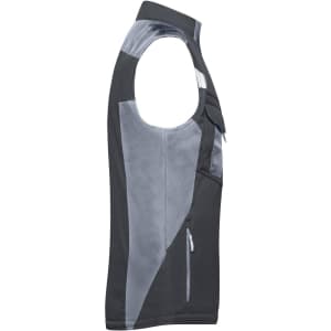 A grey and black softshell vest featuring a zip pocket and a branded logo.