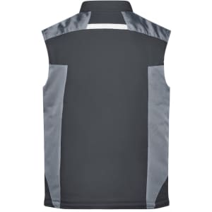 A grey softshell vest featuring a sleek design with lighter grey panels and a branding logo.