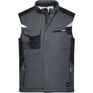 A grey softshell vest featuring black accents and multiple pockets, with a logo on the front.