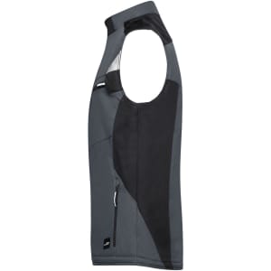 A softshell vest in grey and black with a zip pocket and logo on the side.