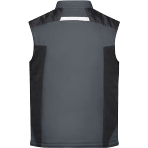 A grey softshell vest with black accents and a logo, featuring a sleeveless design.