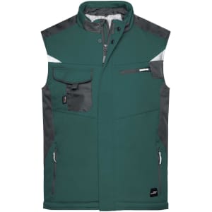 A green softshell vest featuring multiple pockets and grey accents, with a logo on the lower front.