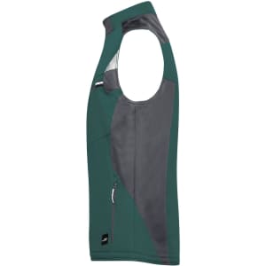 A green and grey softshell vest with a zippered pocket and a logo on the front.