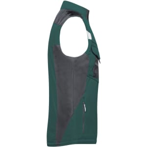 A green and grey softshell vest featuring a zip pocket and a logo, designed for comfort and utility.