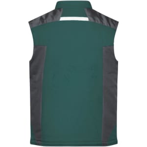 A green softshell vest with grey side panels and a collar, featuring a logo on the back.