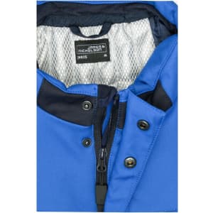 A blue softshell vest features a zippered front and a mesh inner lining, with a brand label inside.