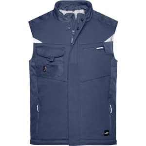 A navy softshell vest featuring multiple pockets and a logo, ideal for layering in cooler weather.